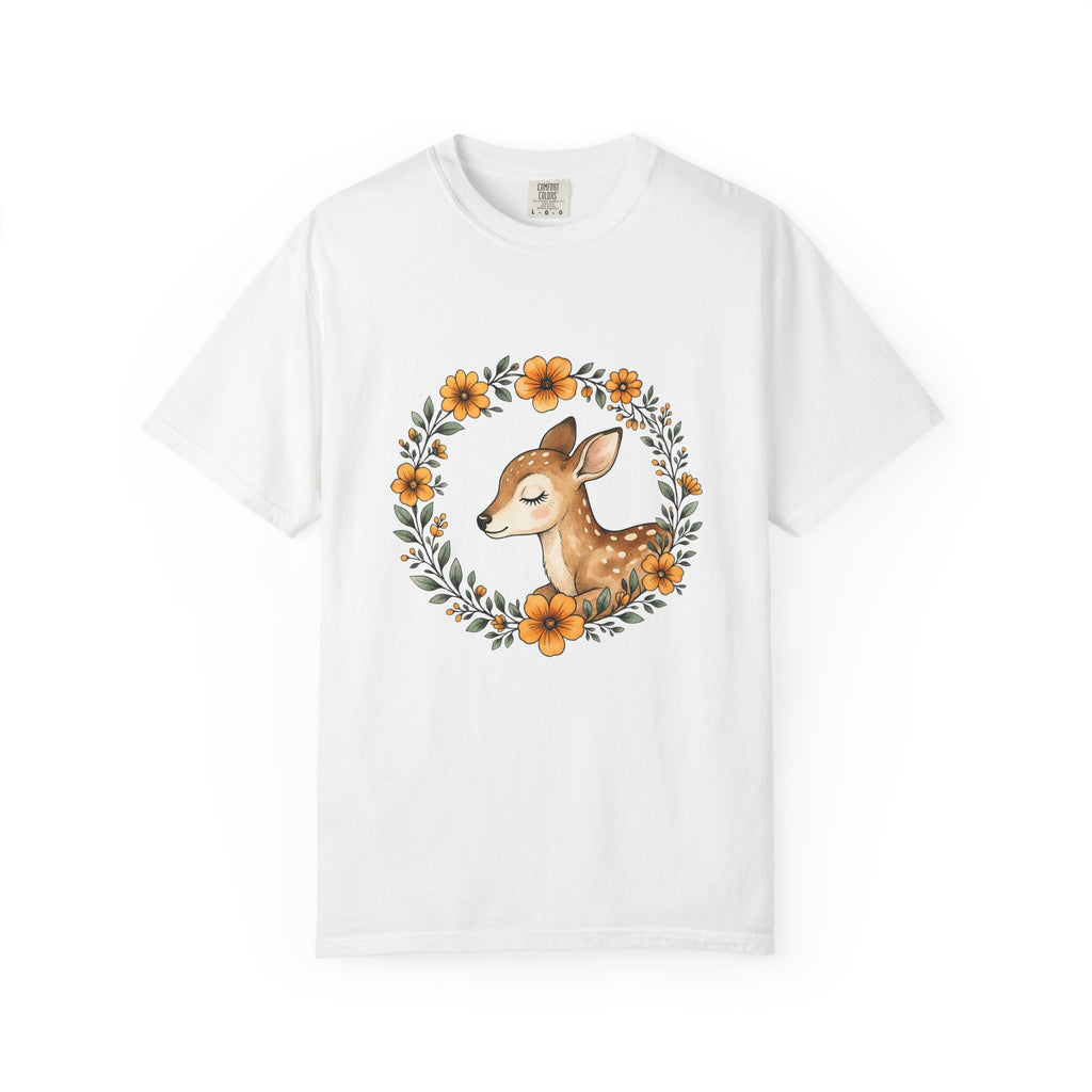 Fawn Boho Chic Forest Gift Sketch Deer Bohemian Fan Drawing Woods Pastel Flower Crown T-Shirt