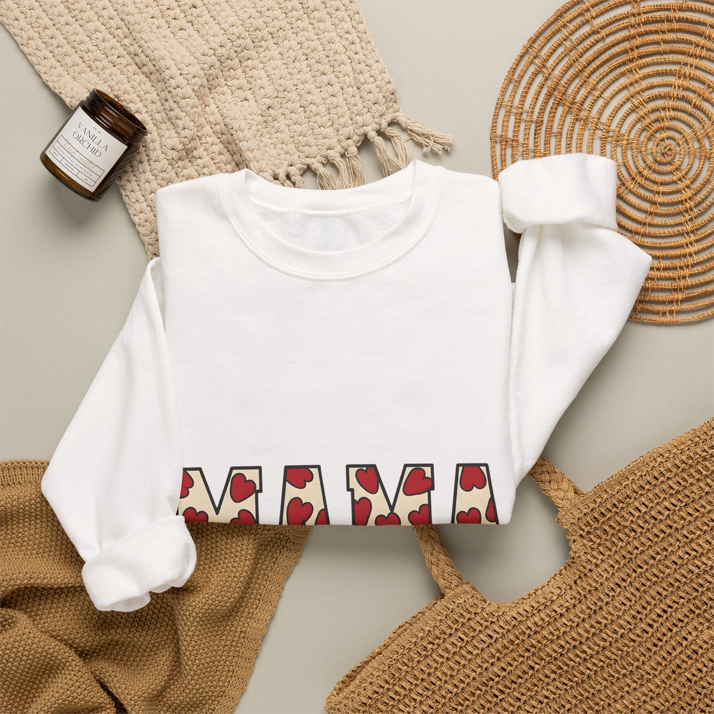 Heart Pattern Text Sweatshirt Moms Family Gift Women Bold Sweatshirt Typography Sweatshirt Motherhood Fan Graphic Sweatshirt Clan Graphic Retro Red Hearts