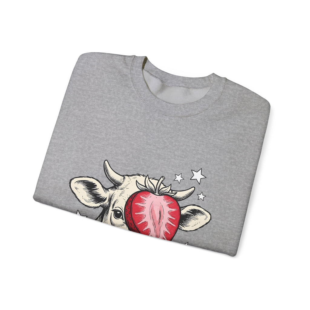 Cow Strawberry Sweatshirt Cute Animal Gift Women Hand Drawn Sweatshirt Cow Sweatshirt Adorable Fan Illustrated Sweatshirt Creature Graphic Whimsical Stars
