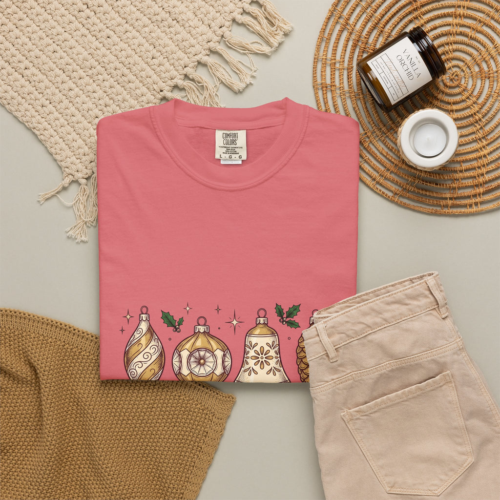 Festive Ornaments T-Shirt Christmas Event Gift Women Line Art T-Shirt Baubles T-Shirt Xmas Fan Illustration Graphic T-Shirt Hand Painted Pine