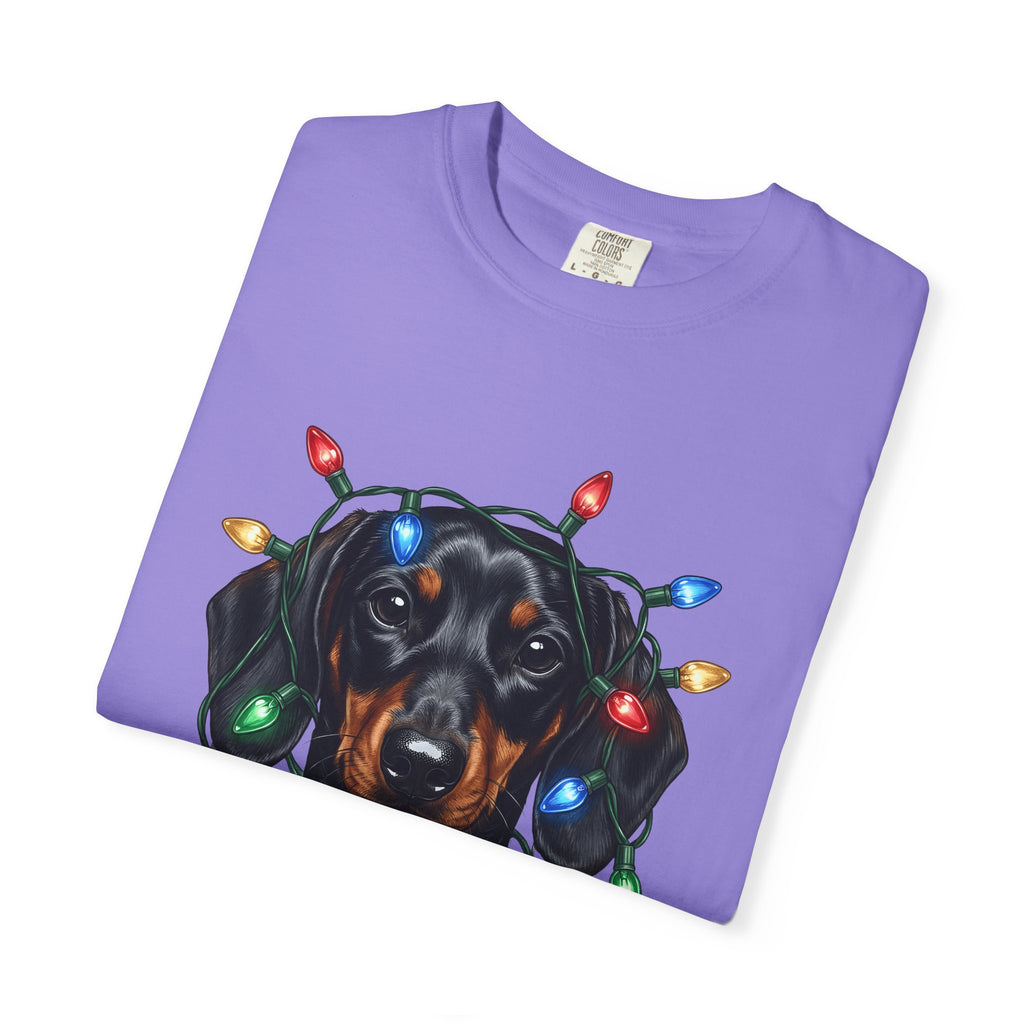 Dachshund Dog T-Shirt Dog Holiday Gift Women Realistic T-Shirt Wiener Dog T-Shirt Dog Fan Photorealistic T-Shirt Christmas Graphic Hand Drawn