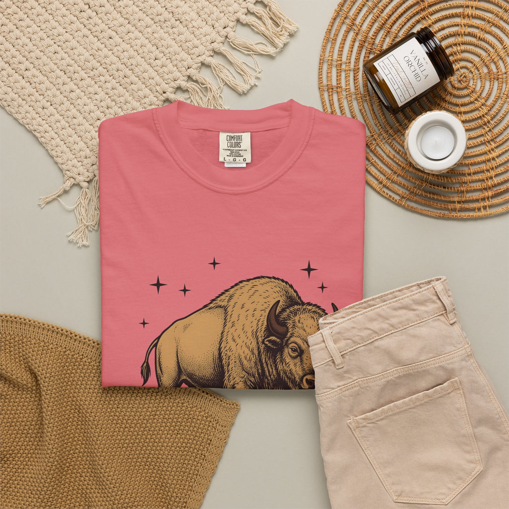 Buffalo Art T-Shirt Animal Environment Gift Women Rustic T-Shirt Bison T-Shirt Wildlife Fan Primitive T-Shirt Eco Graphic Line Art Star Symbols