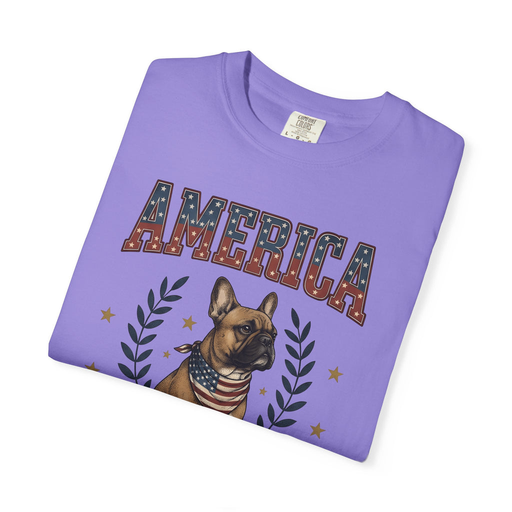 French Bulldog T-Shirt America Patriotic Gift Women Vintage T-Shirt Bouledogue T-Shirt American Fan Retro Illustration Graphic Retro Stars T-Shirt