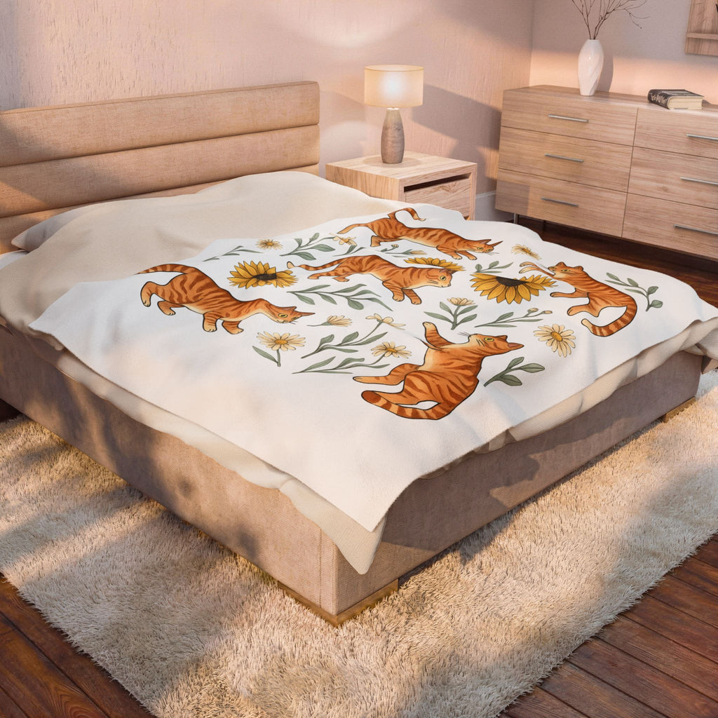 Ginger Cats Blanket Cat Flower Gift Women Cartoon Blanket Orange Cat Blanket Cat Fan Feline Graphic Illustration Comic Blanket Sketch Sunflower