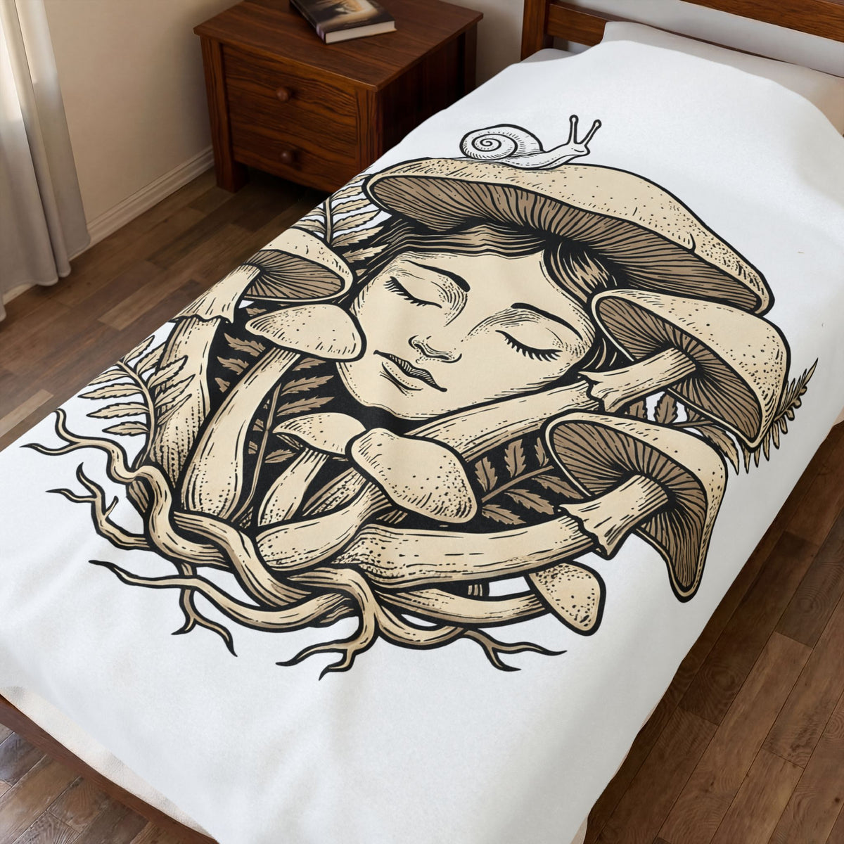 Mushroom Woman Blanket Boho Chic Nature Gift Women Line Art Blanket Fungus Blanket Hippie Fan Minimalist Blanket Earth Graphic Vintage Snail Blanket
