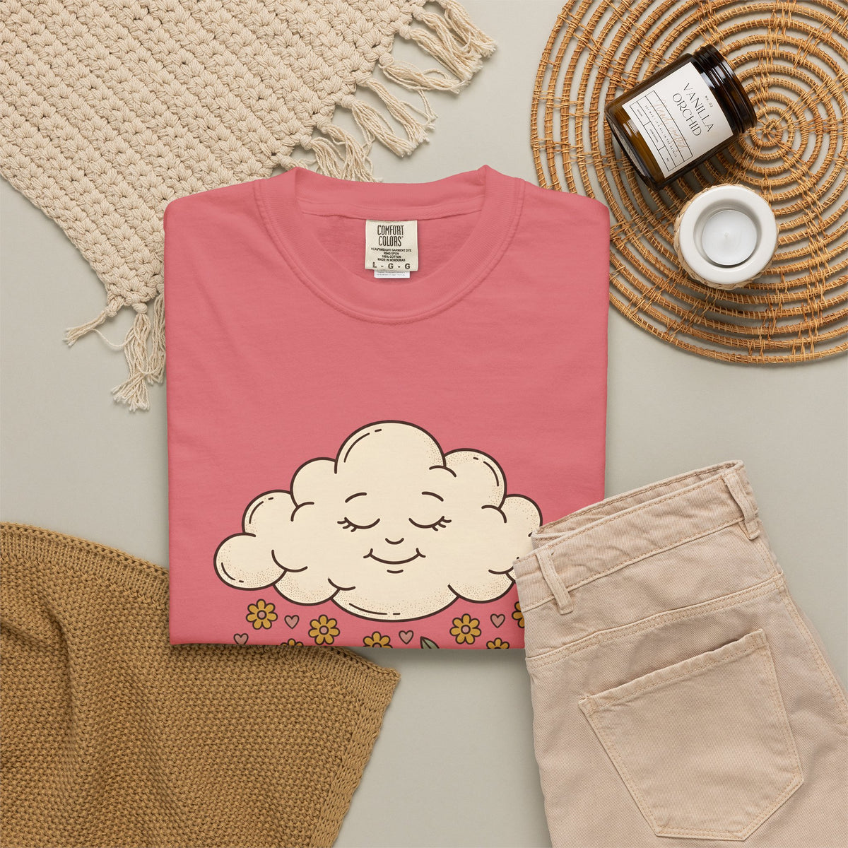 Joyful Cloud T-Shirt Boho Chic Encouragement Gift Women Cartoon T-Shirt Cloud T-Shirt Bohemian Fan Illustrated Graphic T-Shirt Hand Drawn Bloom