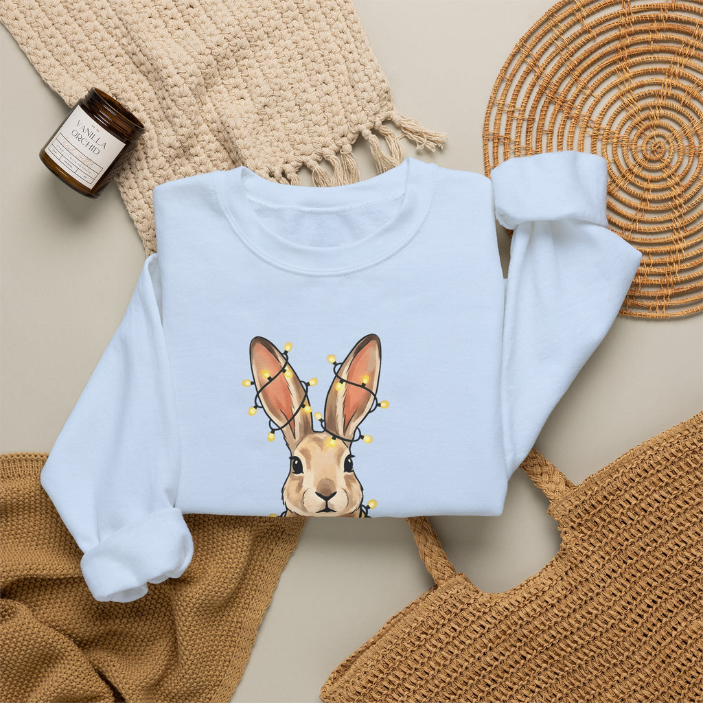 Bunny Sweatshirt Animals Holiday Gift Women Cute Sweatshirt Rabbit Sweatshirt Pet Fan Cute Sweatshirt Christmas Graphic Hand Drawn String Lights Sweatshirt
