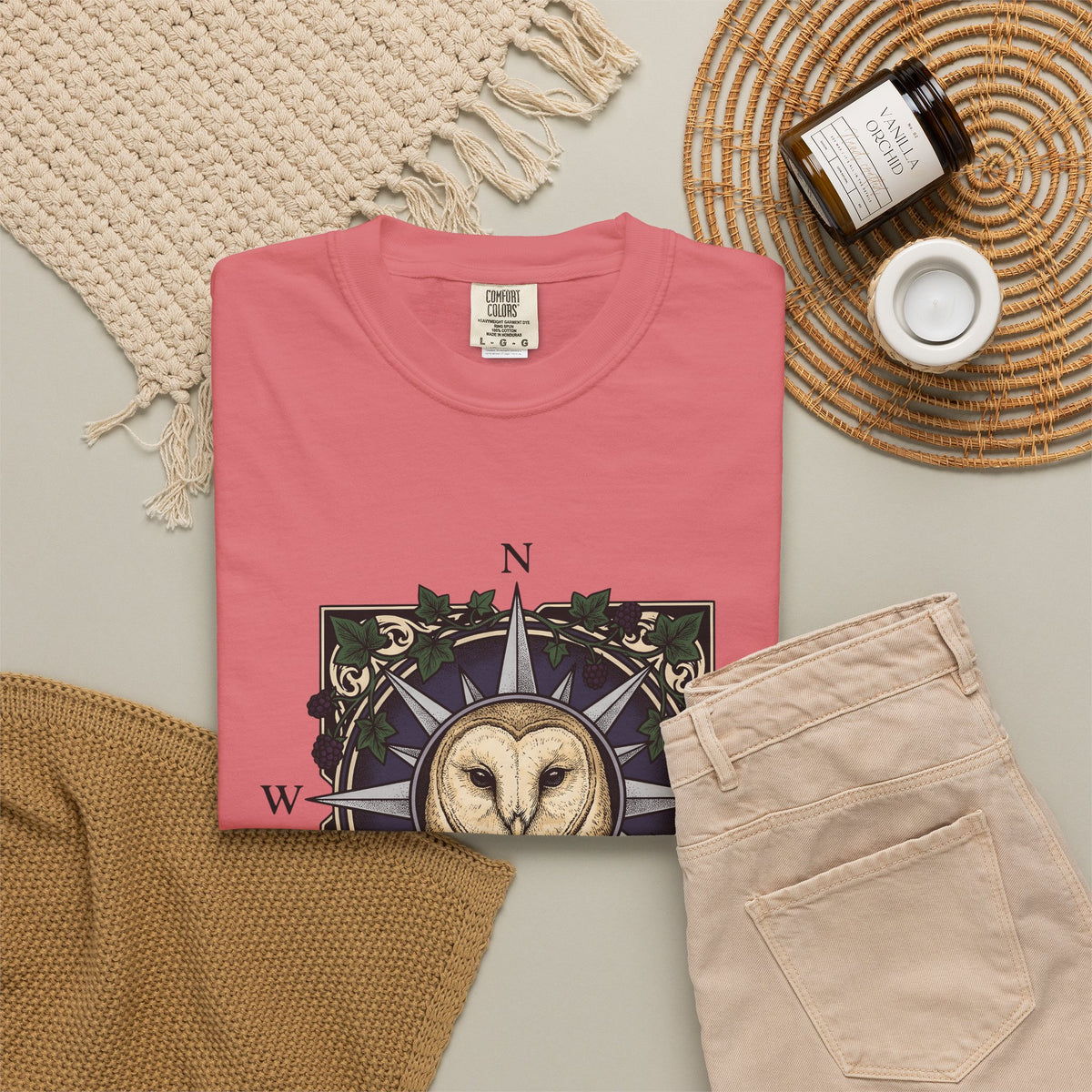 Owl Compass T-Shirt Boho Chic Wilderness Gift Women Enchanting T-Shirt Owl T-Shirt Bohemian Fan Mystical T-Shirt Wilderness Graphic Classic Leaf