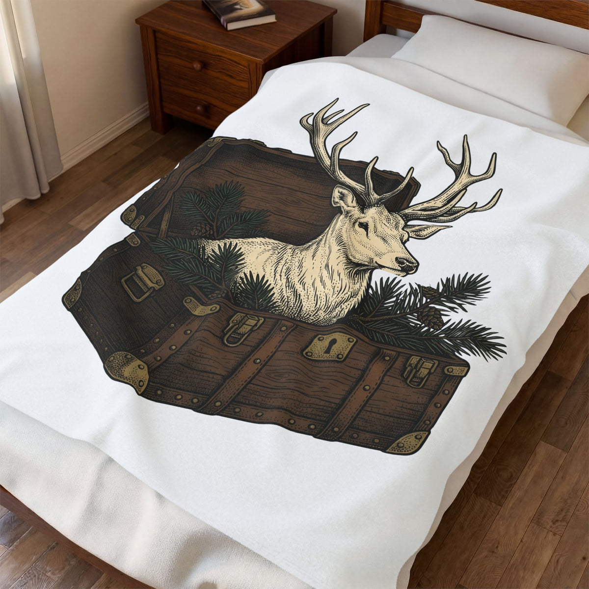 Deer Chest Blanket Woodland Animal Gift Women Hand Drawn Blanket Fawn Blanket Forest Fan Illustrated Graphic Blanket Vintage Pine Branches Blanket
