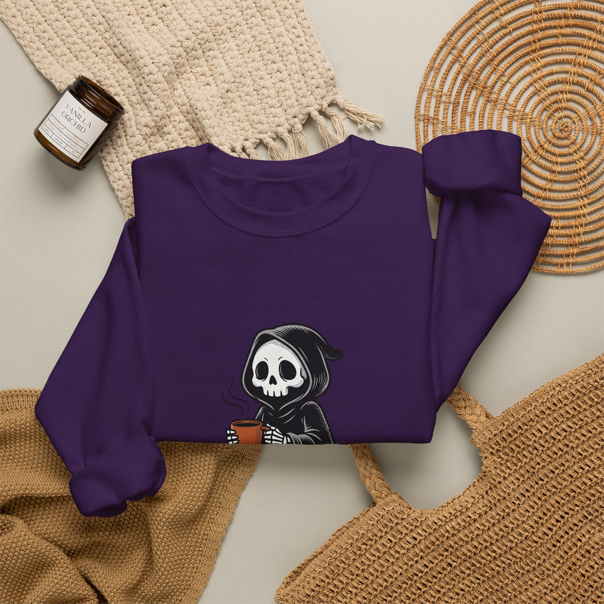 Reaper Skull Sweatshirt Halloween Latte Gift Women Retro Sweatshirt Grim Reaper Sweatshirt Horror Fan Grunge Sweatshirt Coffee Graphic Vintage Sweatshirt Sweatshirt