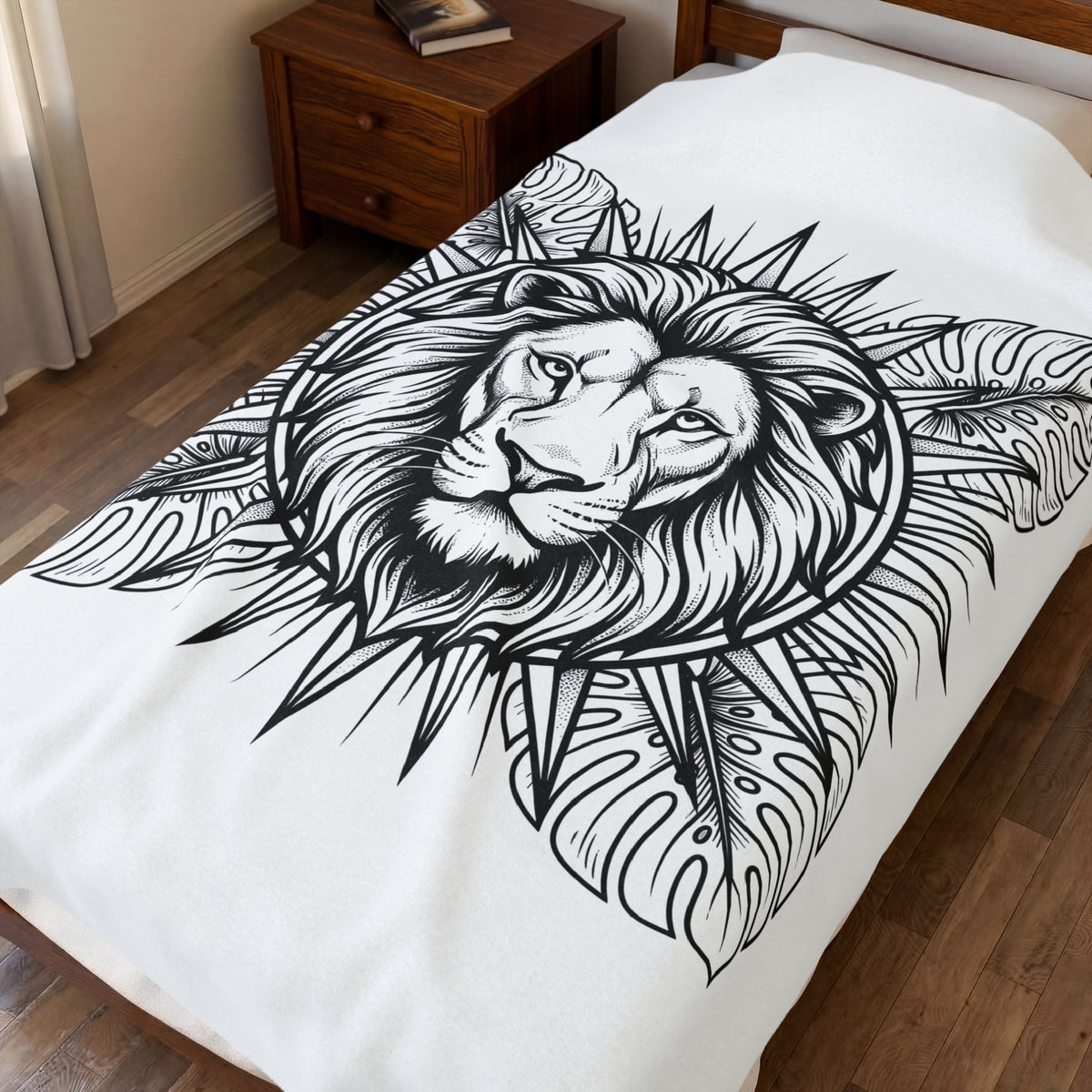 Lion Face Blanket Boho Chic Wildlife Gift Women Sketch Blanket Lion Blanket Bohemian Fan Drawing Graphic Wildlife Graphic Geometric Jungle Leaves