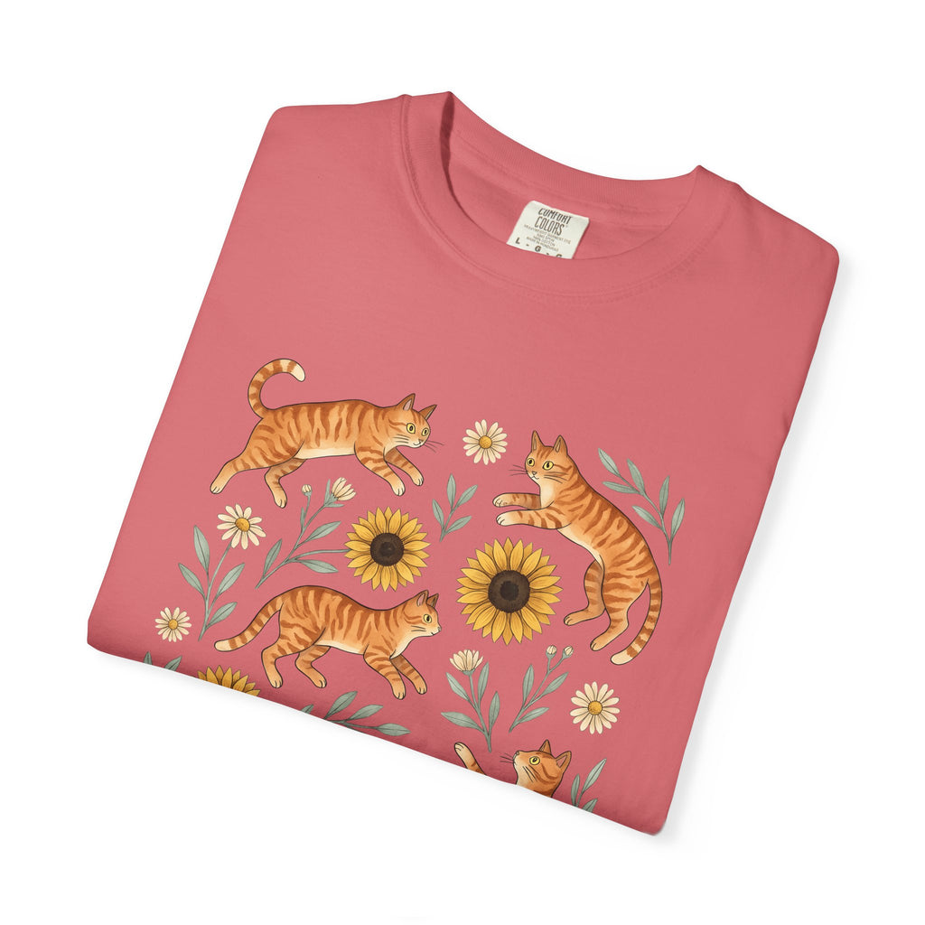 Ginger Cats T-Shirt Cat Flower Gift Women Cartoon T-Shirt Orange Cat T-Shirt Cat Fan Feline Graphic Illustration Comic T-Shirt Sketch Sunflower