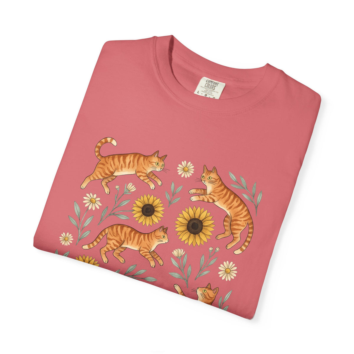 Ginger Cats T-Shirt Cat Flower Gift Women Cartoon T-Shirt Orange Cat T-Shirt Cat Fan Feline Graphic Illustration Comic T-Shirt Sketch Sunflower