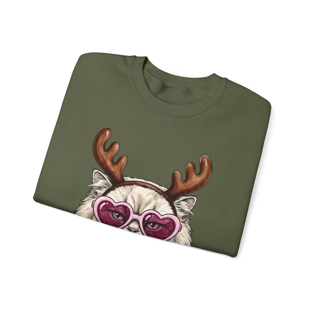 Cat Reindeer Sweatshirt Christmas Cat Gift Women Hand Drawn Sweatshirt Reindeer Sweatshirt Xmas Fan Illustrated Graphic Kitten Design Vintage Heart