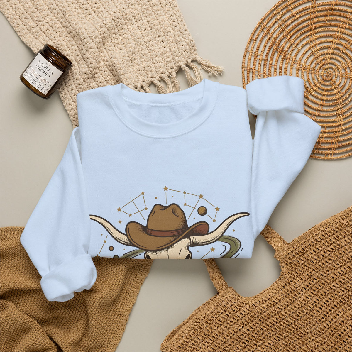 Longhorn Skull Hat Sweatshirt Cowgirl Western Gift Women Vintage Sweatshirt Skullcap Sweatshirt Rodeo Fan Retro Sweatshirt Design Retro Planets Sweatshirt