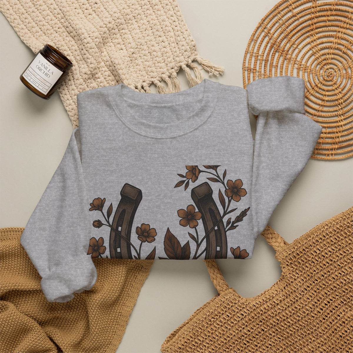 Horseshoe Blossom Sweatshirt Cowgirl Bohemian Gift Women Sketch Sweatshirt Lucky Clover Sweatshirt Cowgirl Fan Hand Drawn Sweatshirt Hippie Graphic Prairie