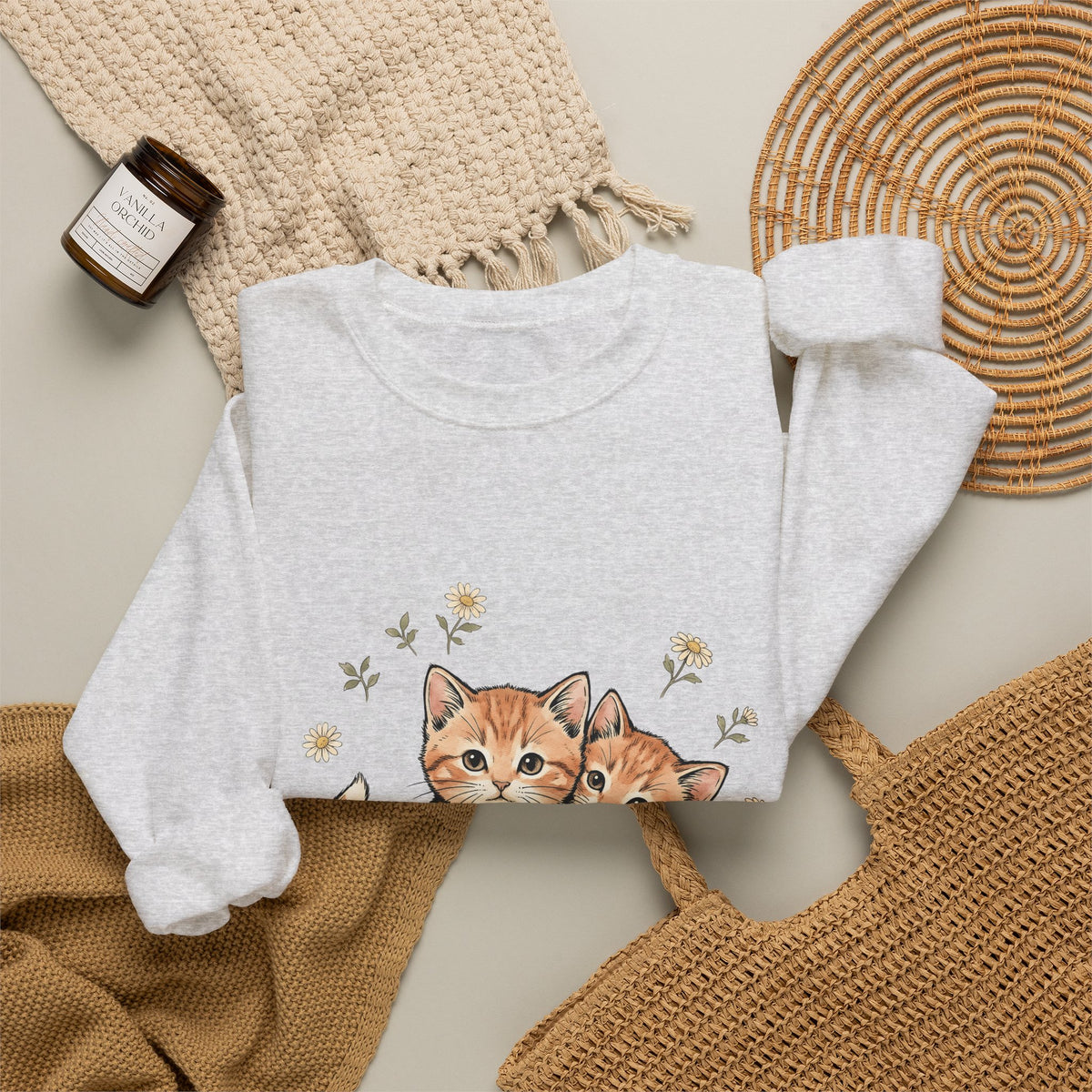 Orange Tabby Kittens Sweatshirt Cat Floral Gift Women Cute Sweatshirt Kitten Sweatshirt Cat Fan Adorable Sweatshirt Botanical Graphic Hand Drawn Daisies Sweatshirt