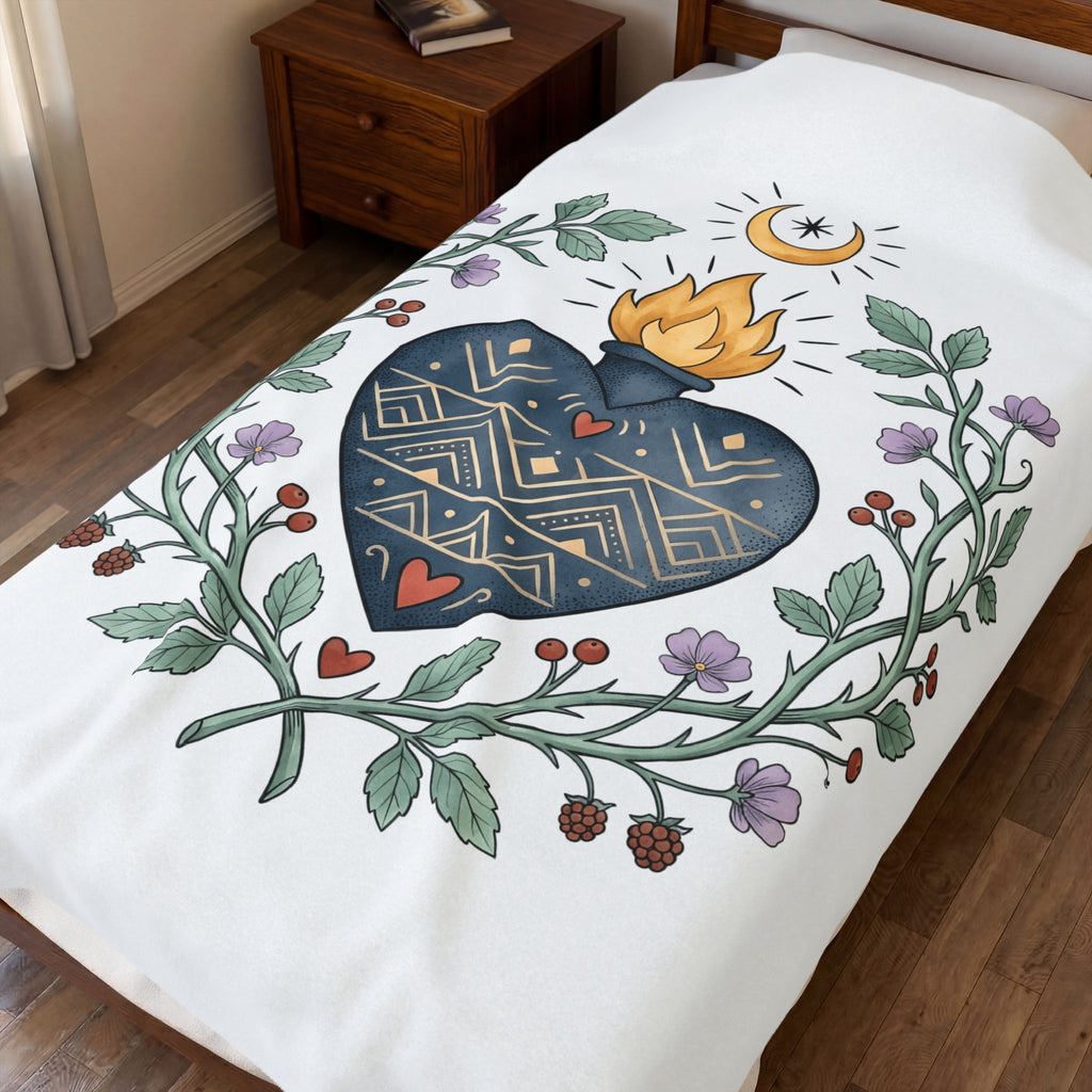 Sacred Heart Blanket Boho Chic Spiritual Gift Women Folk Art Blanket Heart Blanket Hippie Enthusiast Primitive Blanket Mystical Graphic Vintage