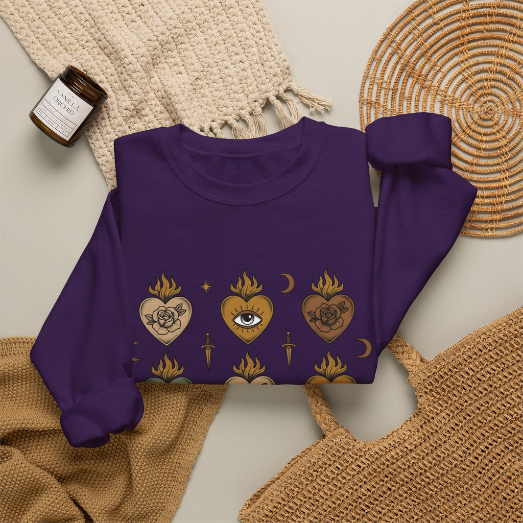 Sacred Heart Pattern Sweatshirt Boho Chic Mystical Gift Women Tattoo Sweatshirt Heart Design Sweatshirt Bohemian Fan Ink Graphic Sweatshirt Vintage Crescent
