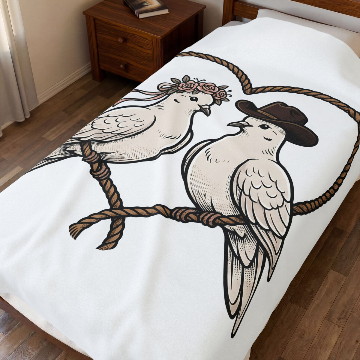 Dove Duo Blanket Cowgirl Ranch Gift Women Classic Blanket Pigeons Blanket Rodeo Fan Rustic Graphic Blanket Pen Drawing Braided Heart Blanket