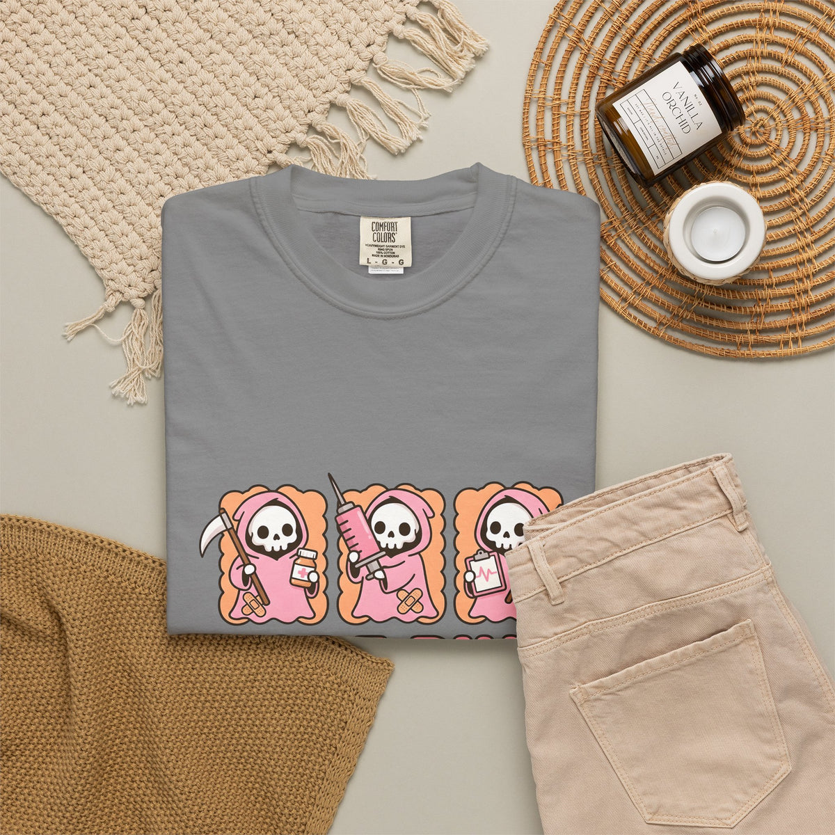 Lovable Reaper Figure T-Shirt Nurses Wellness Gift Women Manga T-Shirt Grim Reaper T-Shirt Nurse Enthusiast Anime T-Shirt Health Graphic Design