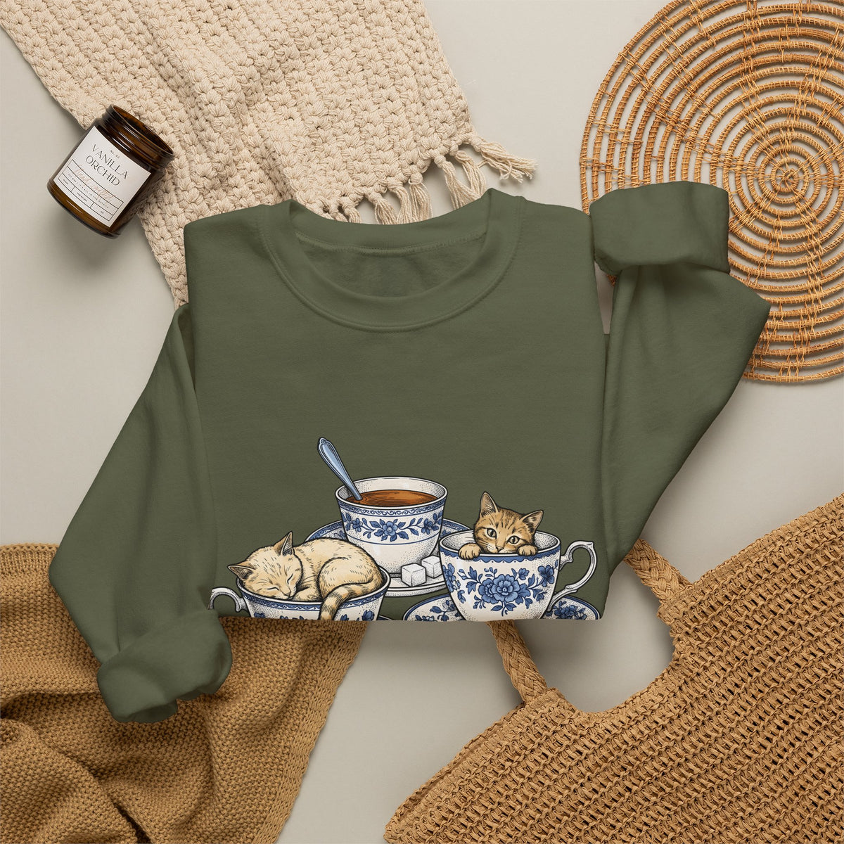 Cat Teacup Sweatshirt Cat Beverage Gift Women Retro Sweatshirt Kitty Sweatshirt Cat Fan Vintage Sweatshirt Coffee Graphic Sketch Flower Design Sweatshirt