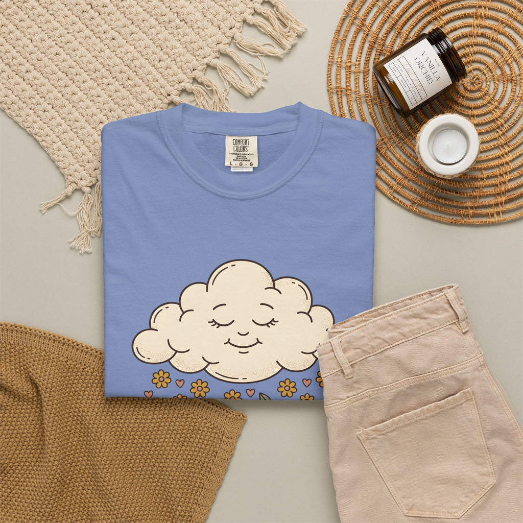 Joyful Cloud T-Shirt Boho Chic Encouragement Gift Women Cartoon T-Shirt Cloud T-Shirt Bohemian Fan Illustrated Graphic T-Shirt Hand Drawn Bloom