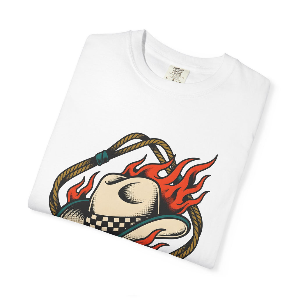 Cowboy Hat T-Shirt Cowgirl Western Gift Women Tattoo Art T-Shirt Stetson T-Shirt Rodeo Fan Tattooed T-Shirt Country Graphic Vintage Flames T-Shirt