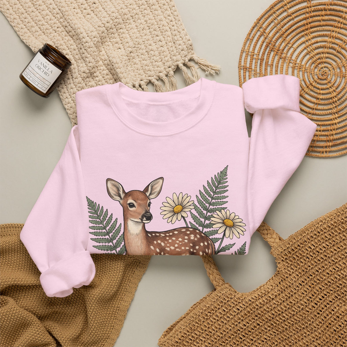 Deer Illustration Sweatshirt Boho Chic Outdoor Gift Women Floral Sweatshirt Fawn Sweatshirt Bohemian Fan Botanical Sweatshirt Wilderness Graphic Retro Flower