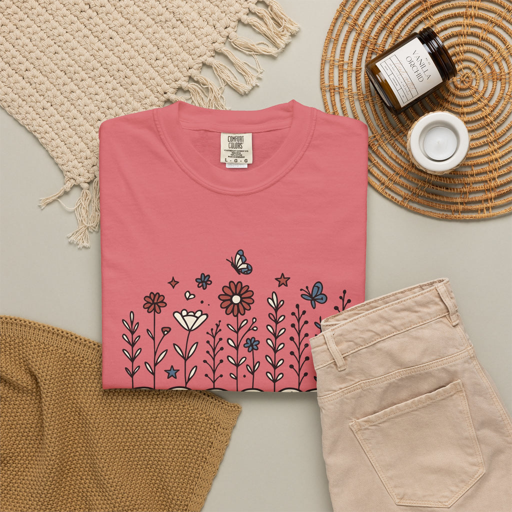 Floral Home Graphic T-Shirt America Patriotic Gift Women Boho T-Shirt Home Decor T-Shirt American Fan Bohemian T-Shirt Star Graphic Retro Butterfly