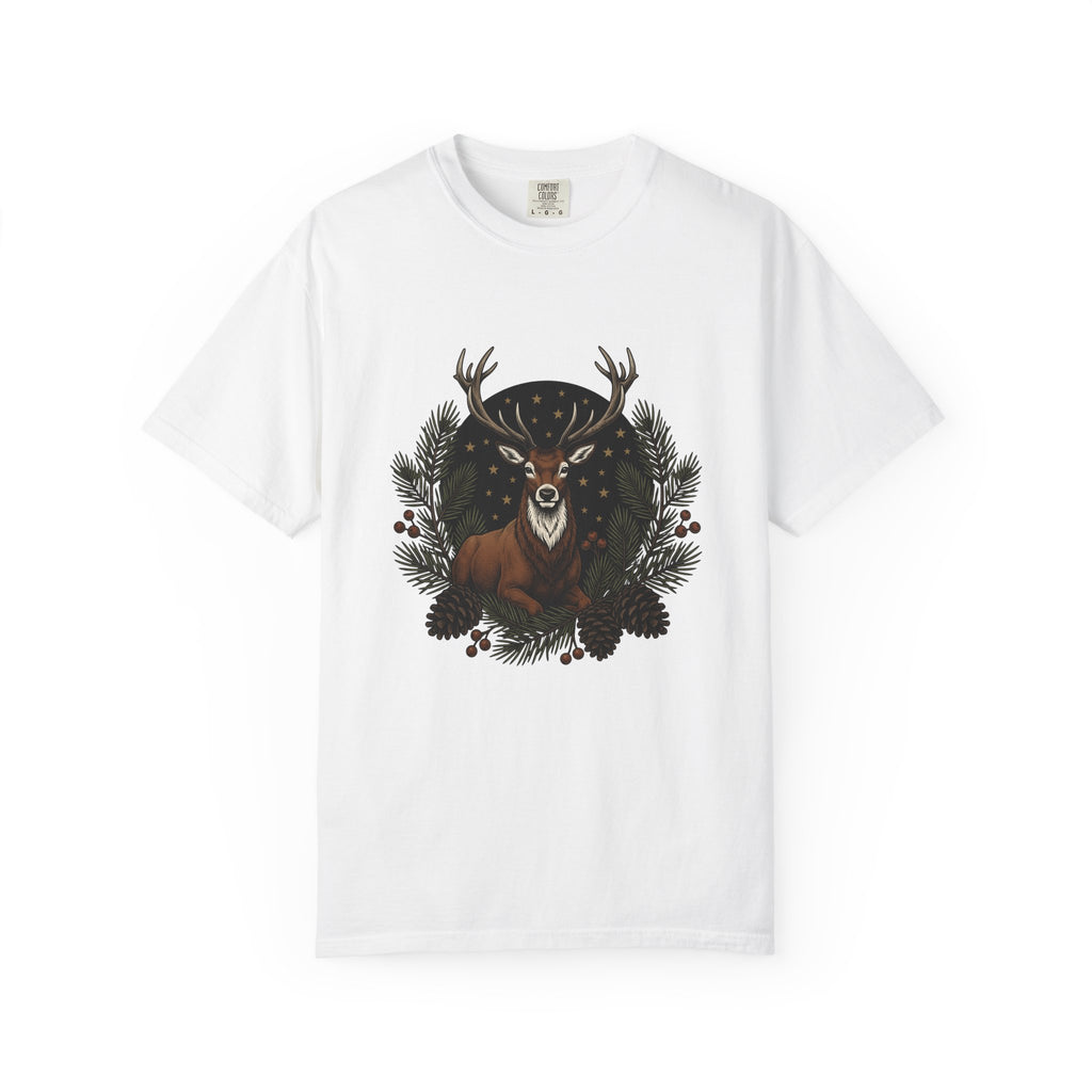 Elk Design T-Shirt Woodland Festive Gift Women Old School T-Shirt Moose T-Shirt Forest Fan Vintage T-Shirt Holiday Graphic Outline Pine Cone T-Shirt