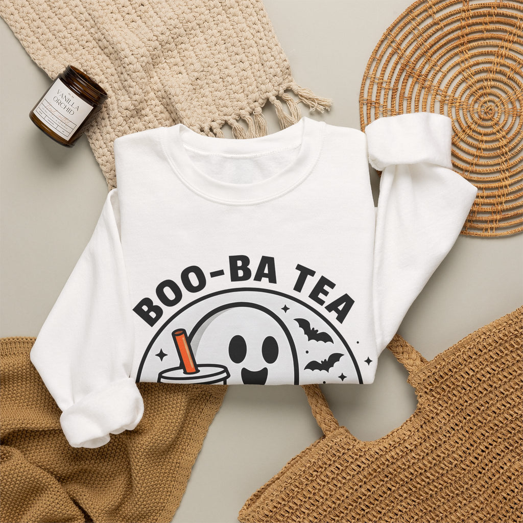 Ghost Bubble Tea Sweatshirt Halloween Cuisine Gift Women Charming Sweatshirt Boba Sweatshirt Halloween Fan Cute Sweatshirt Food Graphic Animated Bats