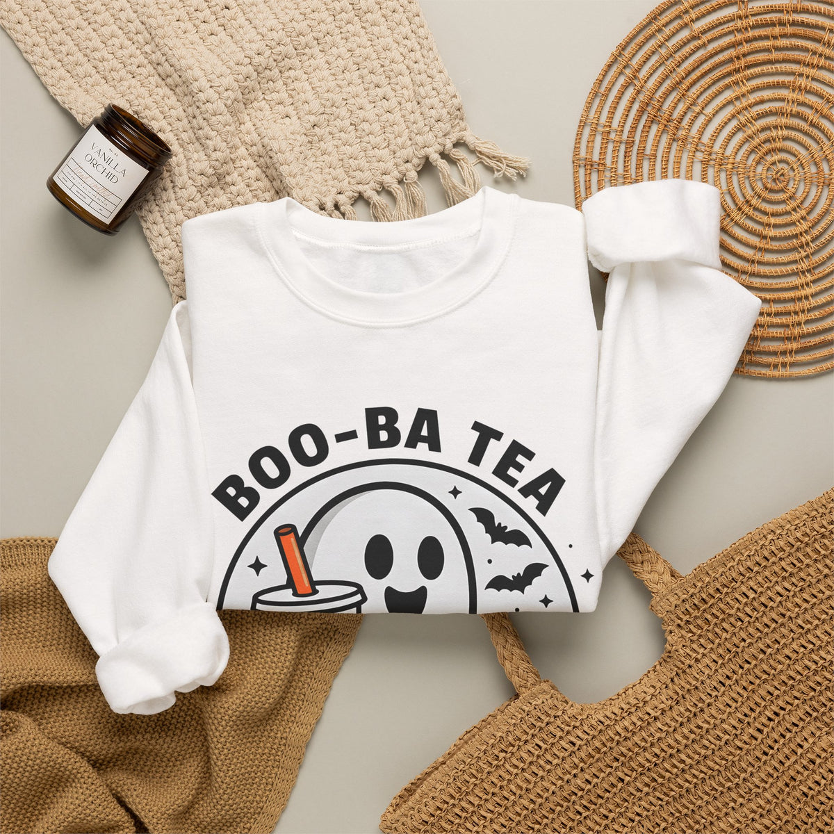 Ghost Bubble Tea Sweatshirt Halloween Cuisine Gift Women Charming Sweatshirt Boba Sweatshirt Halloween Fan Cute Sweatshirt Food Graphic Animated Bats
