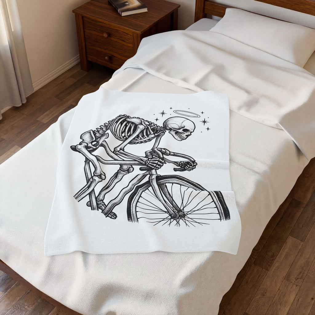 Skeleton Bicycle Blanket Cycling Gothic Gift Women Tattoo Style Blanket Bike Blanket Cyclist Enthusiast Ink Blanket Dark Graphic Vintage Halo