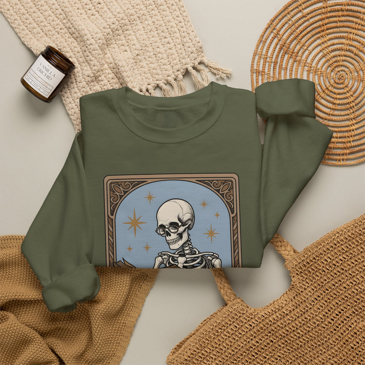 Skeleton Reading Book Sweatshirt Gothic Academic Gift Women Vintage Sweatshirt Skeleton Sweatshirt Dark Fan Retro Sweatshirt Scholar Graphic Tarot Coffee Cup