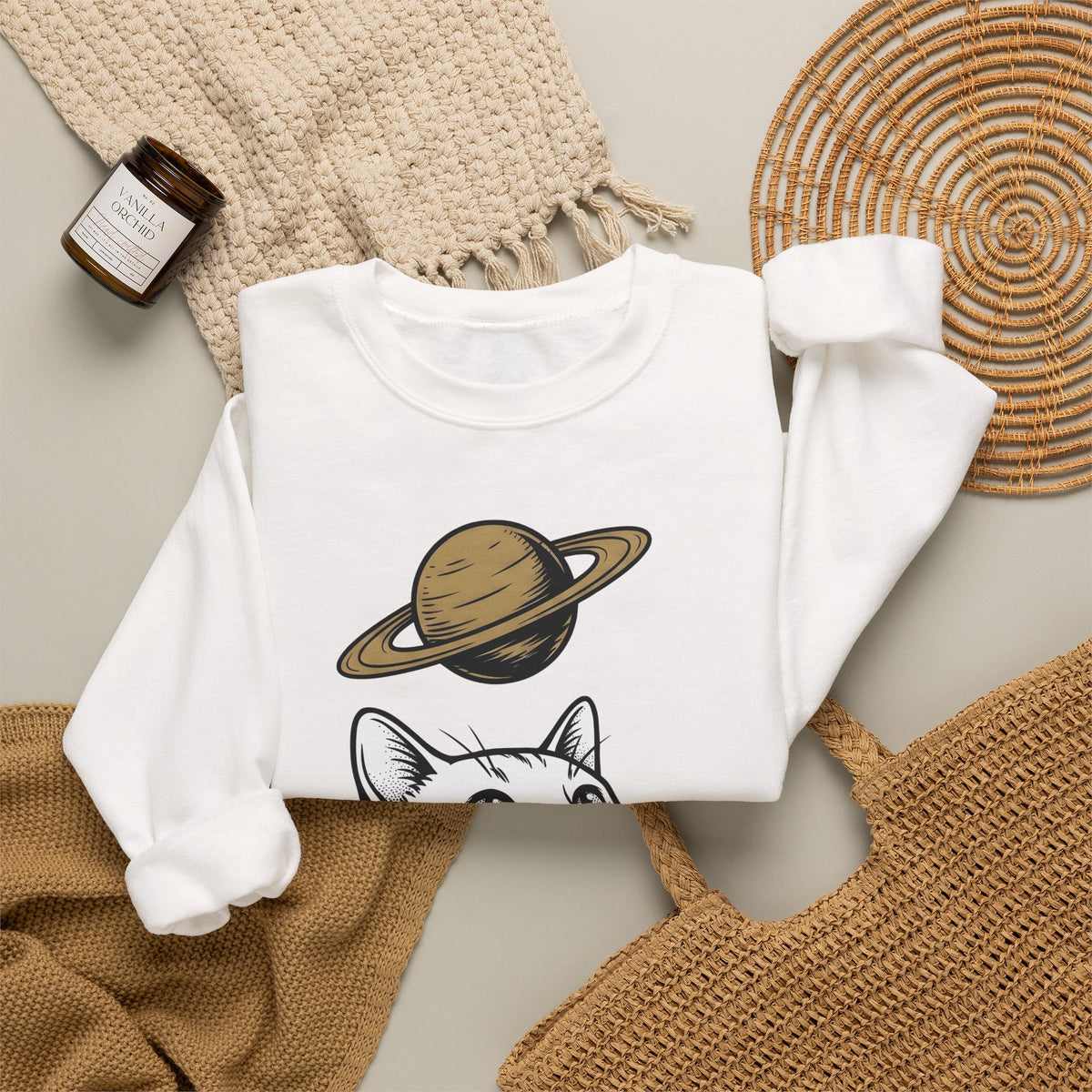 Cat Graphic Sweatshirt Cat Space Gift Women Line Art Sweatshirt Kitten Sweatshirt Feline Fan Simple Sweatshirt Galaxy Graphic Minimalist Planet Sweatshirt