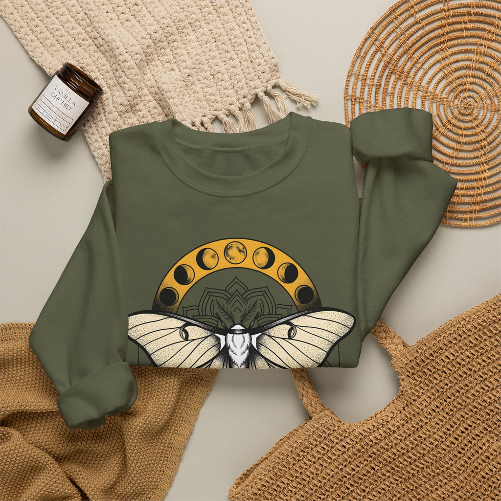Luna Moth Sweatshirt Boho Chic Mystical Gift Women Mandala Sweatshirt Moon Moth Sweatshirt Hippie Fan Sacred Sweatshirt Spiritual Graphic Line Art Moon Phases
