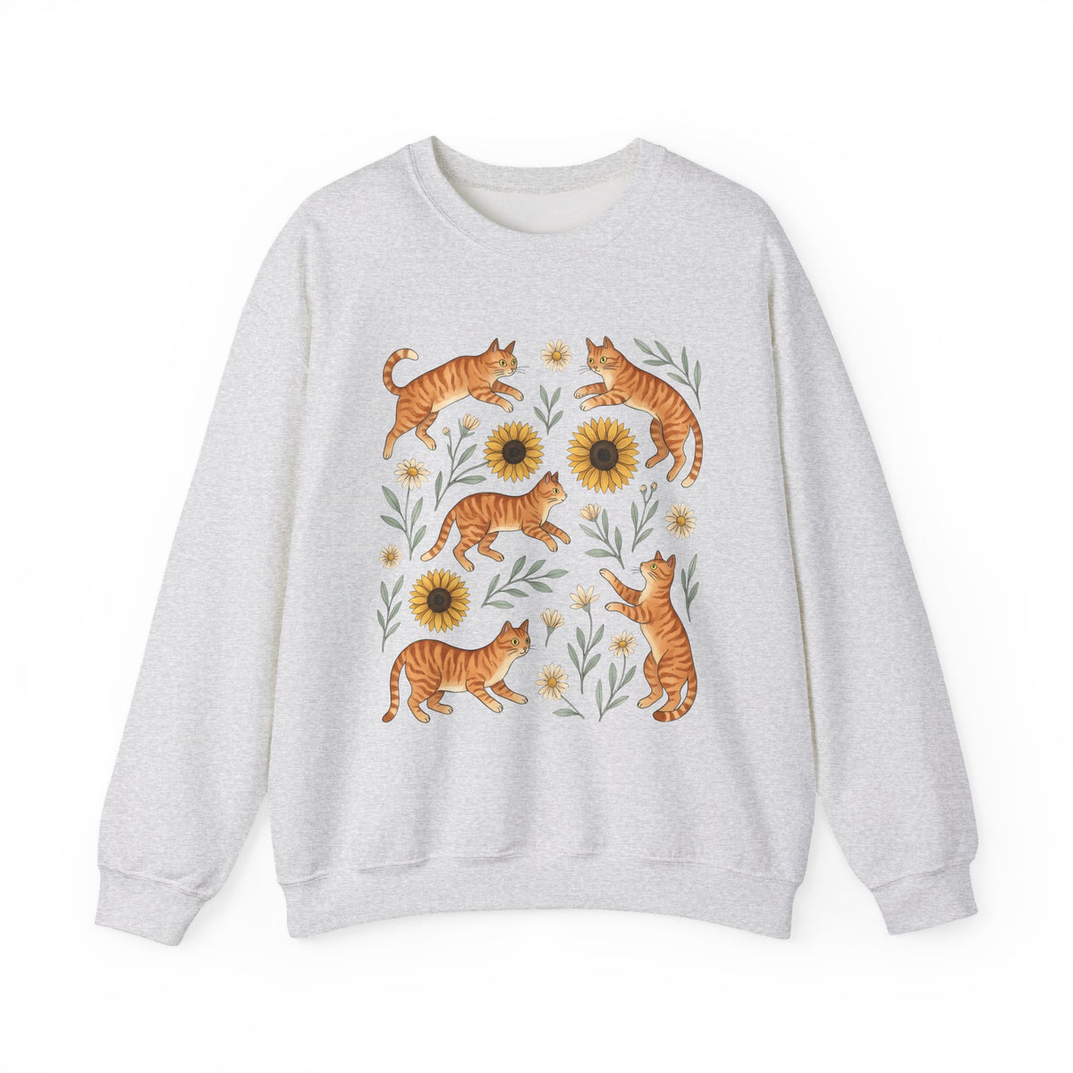 Ginger Cats Sweatshirt Cat Flower Gift Women Cartoon Sweatshirt Orange Cat Sweatshirt Cat Fan Feline Graphic Illustration Comic Sweatshirt Sketch Sunflower