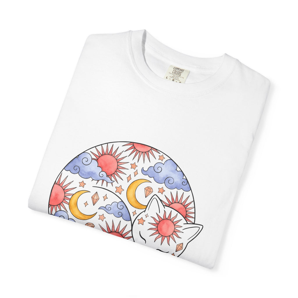 Space Cat T-Shirt Cat Constellation Gift Women Earthy T-Shirt Kitty T-Shirt Cat Fan Feline T-Shirt Galaxy Graphic Pigment Orb T-Shirt