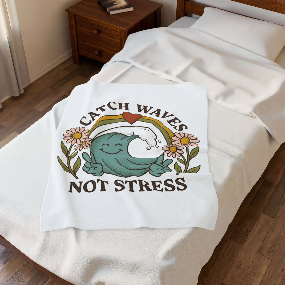 Happy Wave Blanket Sports Beach Gift Women Vintage Blanket Wave Blanket Athlete Fan Surf Graphic Blanket Hand Drawn Wildflowers Blanket