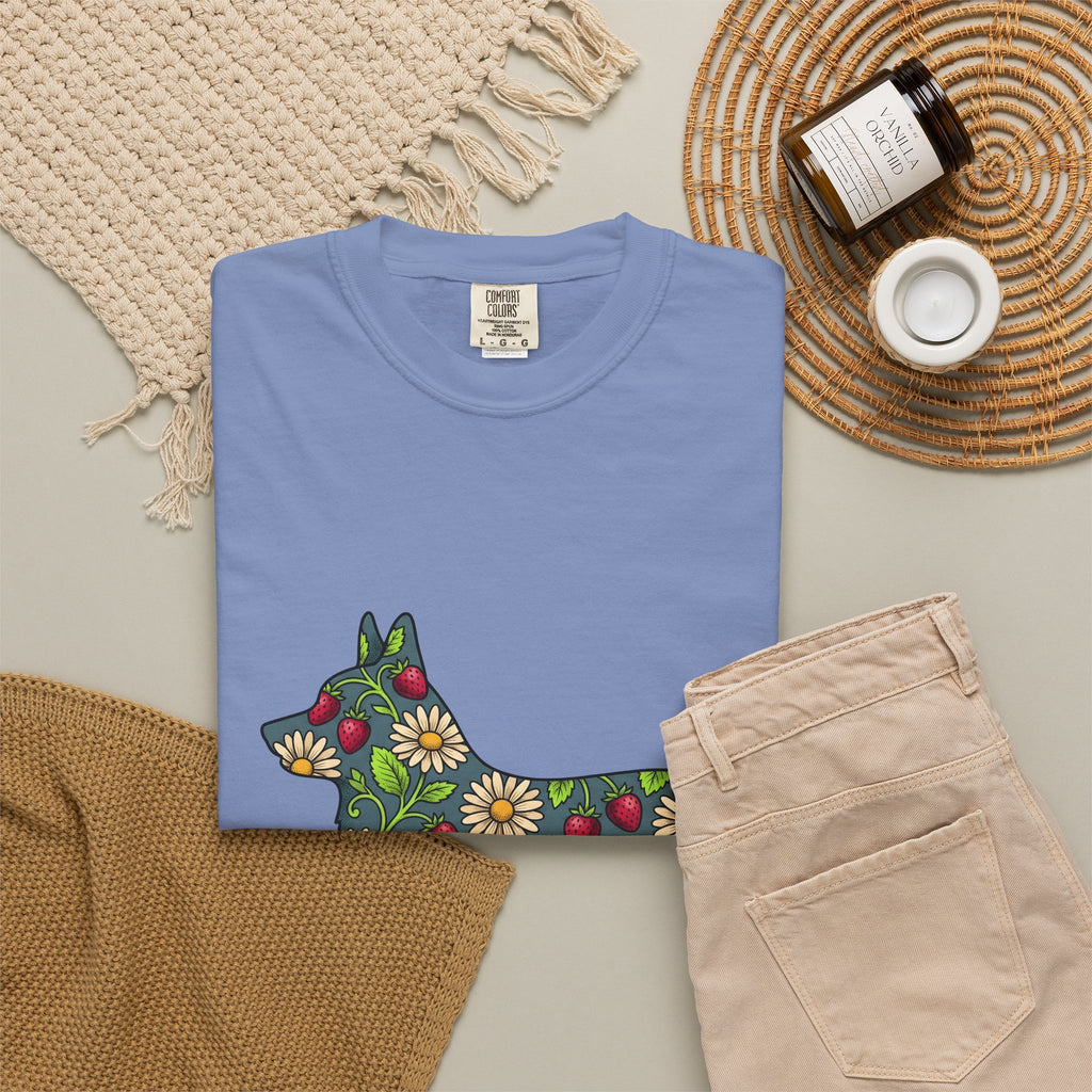 Corgi Blossom T-Shirt Dog Wildlife Gift Women Garden T-Shirt Puppy T-Shirt Dog Fan Animal Graphic Illustration T-Shirt Hand Drawn Fruit T-Shirt