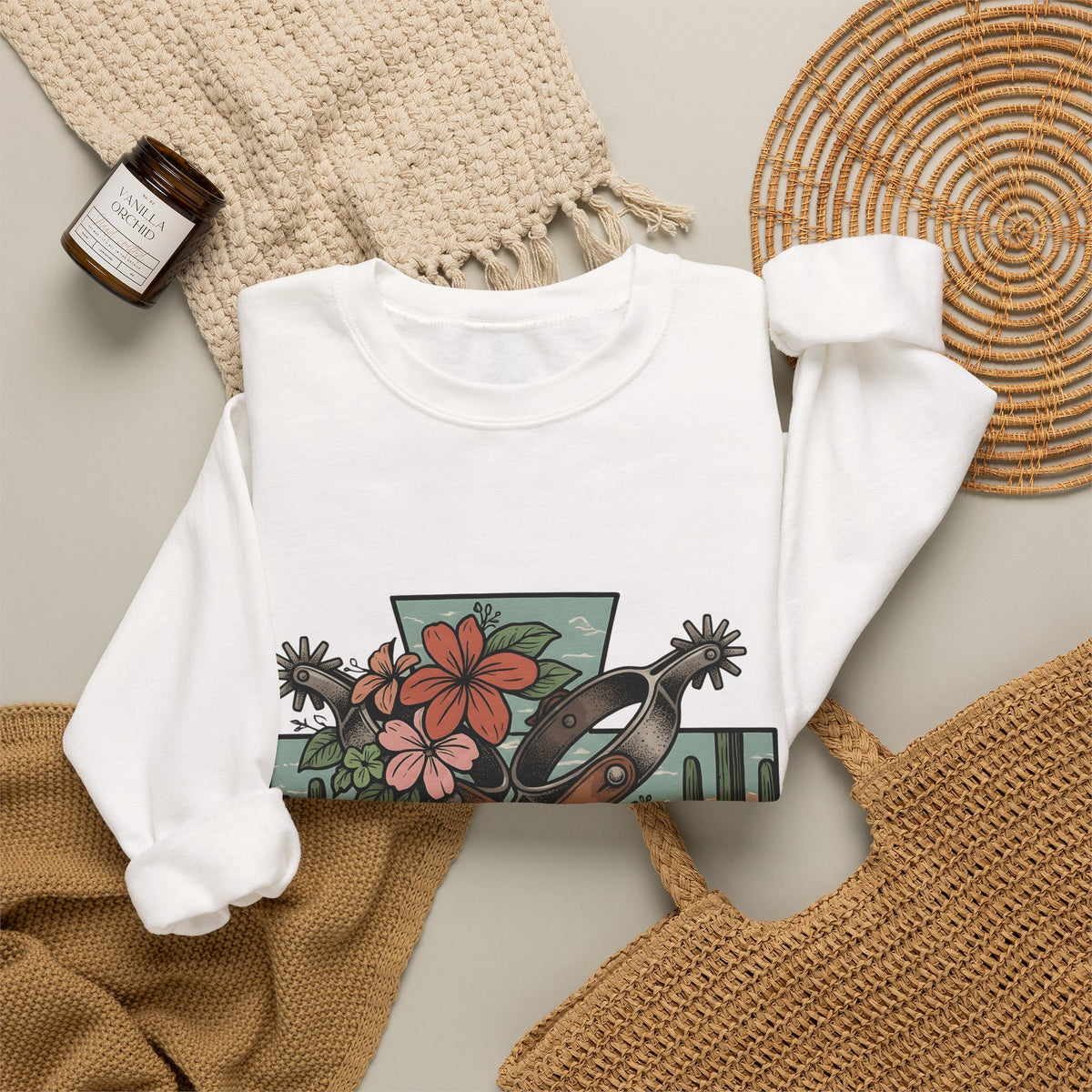 Leather Spurs Sweatshirt Cowgirl Garden Gift Women Tribal Sweatshirt Rowels Sweatshirt Cowboy Fan Primitive Sweatshirt Gardening Graphic Sketch Desert Plants