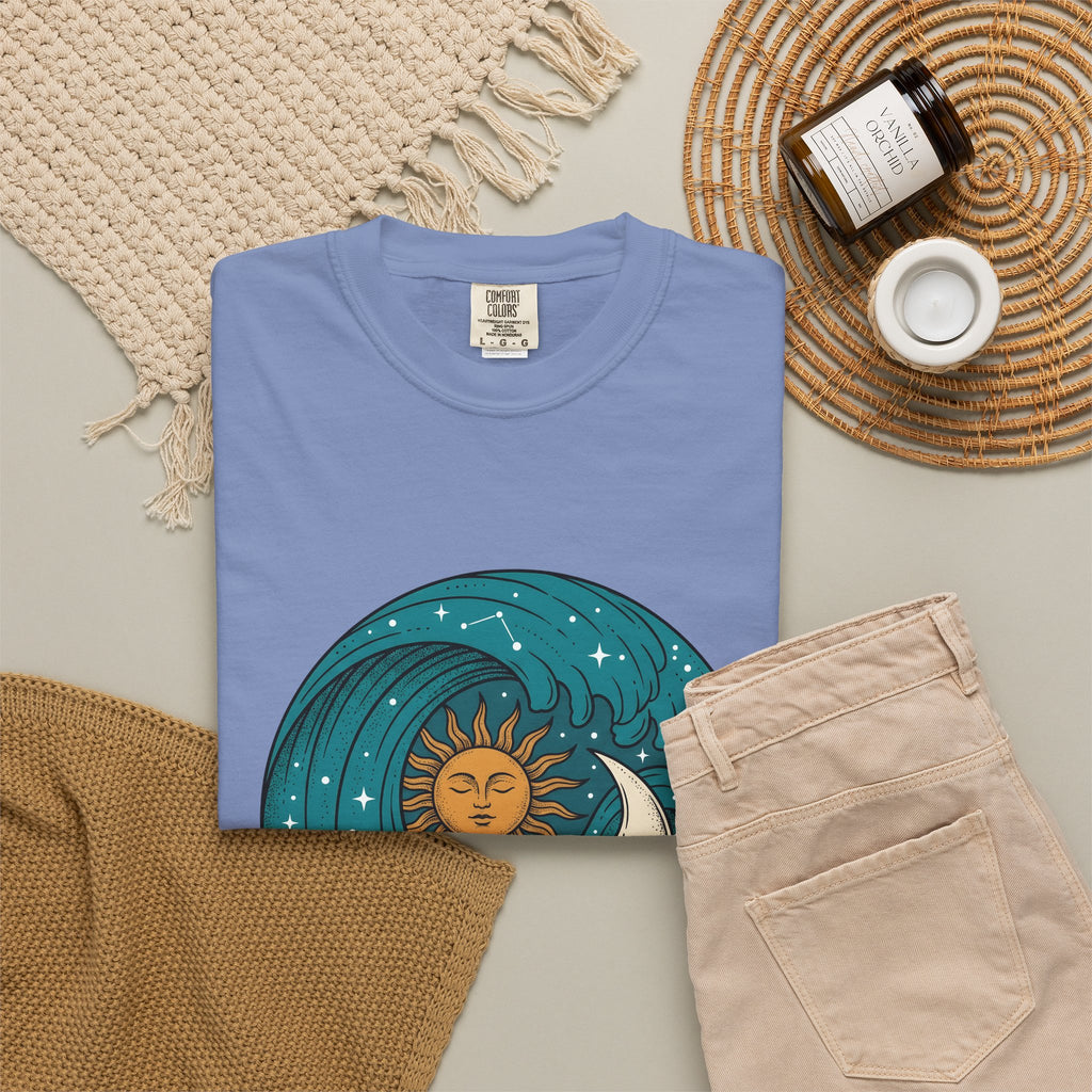 Sun Moon Sea Celestial Horoscope Gift Folk Ocean Astrology Enthusiast Bohemian Zodiac Rustic Star T-Shirt