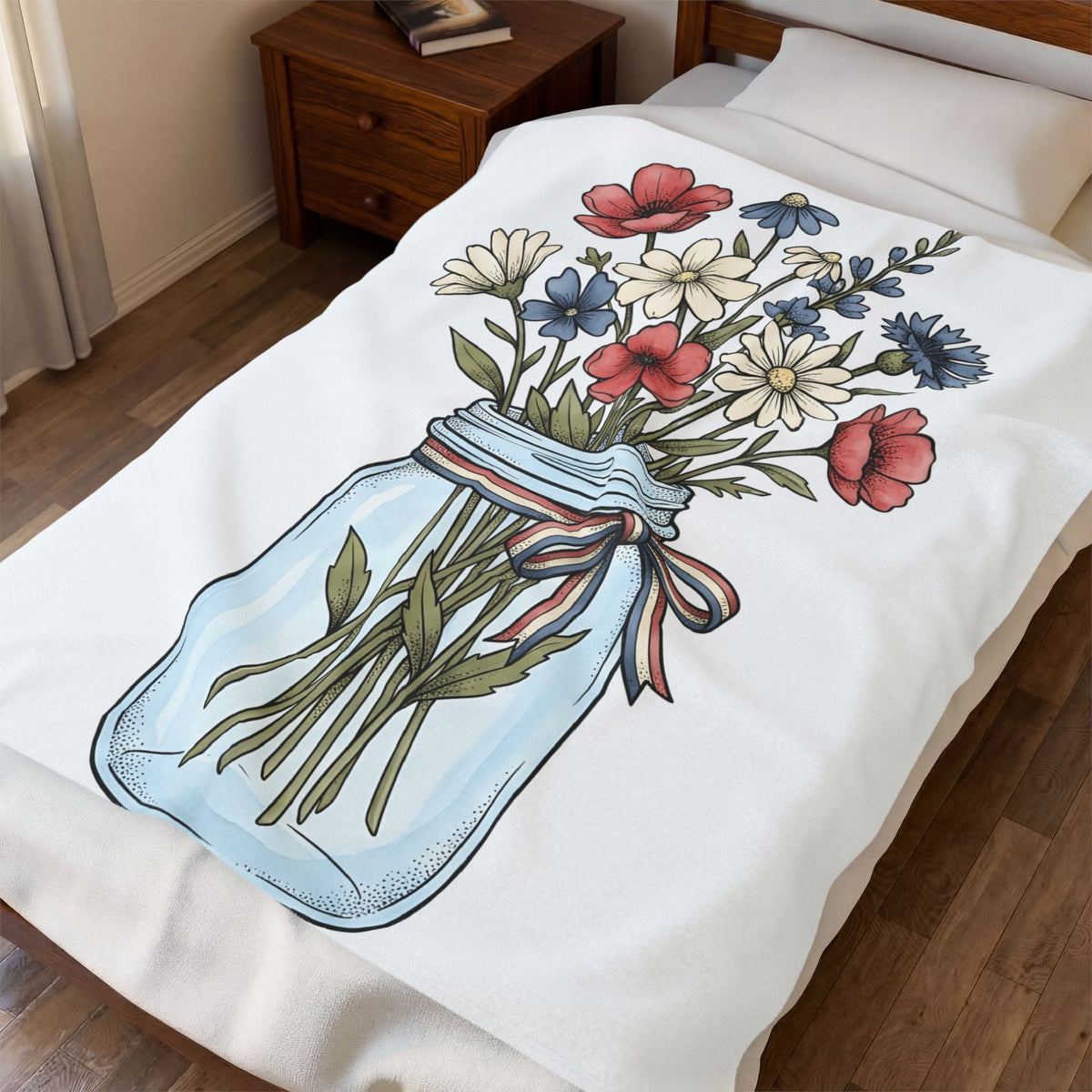 Mason Jar Flowers Blanket 4th Of July Floral Gift Women Hand Drawn Blanket Flower Arrangement Blanket Independence Day Fan Floral Graphic Blanket