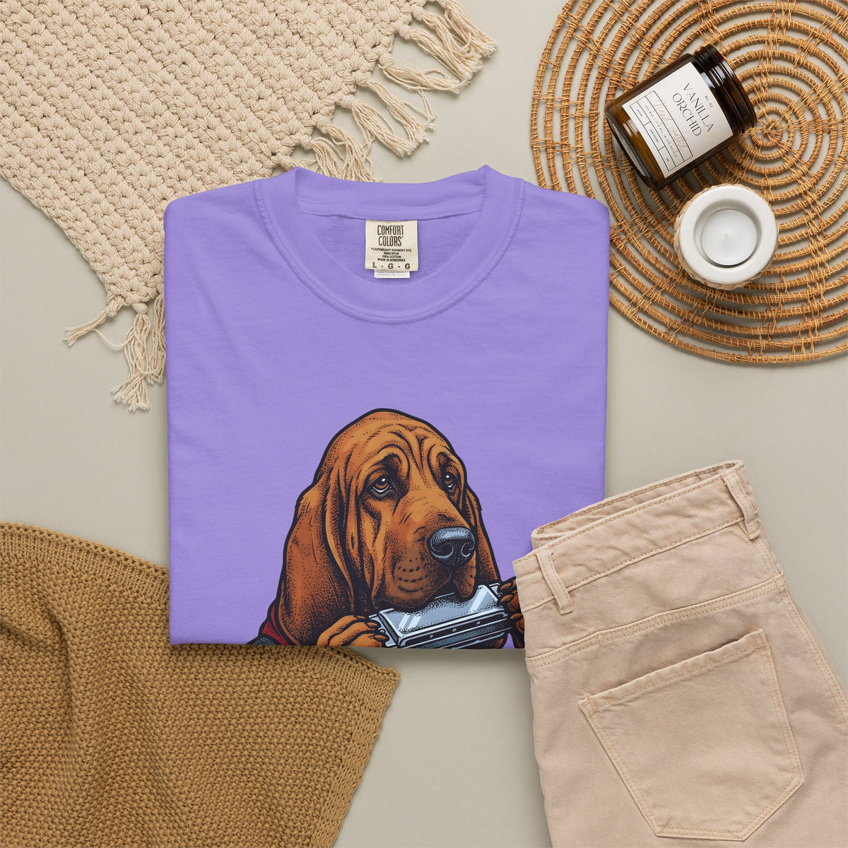Bloodhound Canine T-Shirt Dog Songs Gift Women Rustic T-Shirt Hound T-Shirt Dog Fan Coonhound Graphic T-Shirt Cartoon Mouth Harp T-Shirt