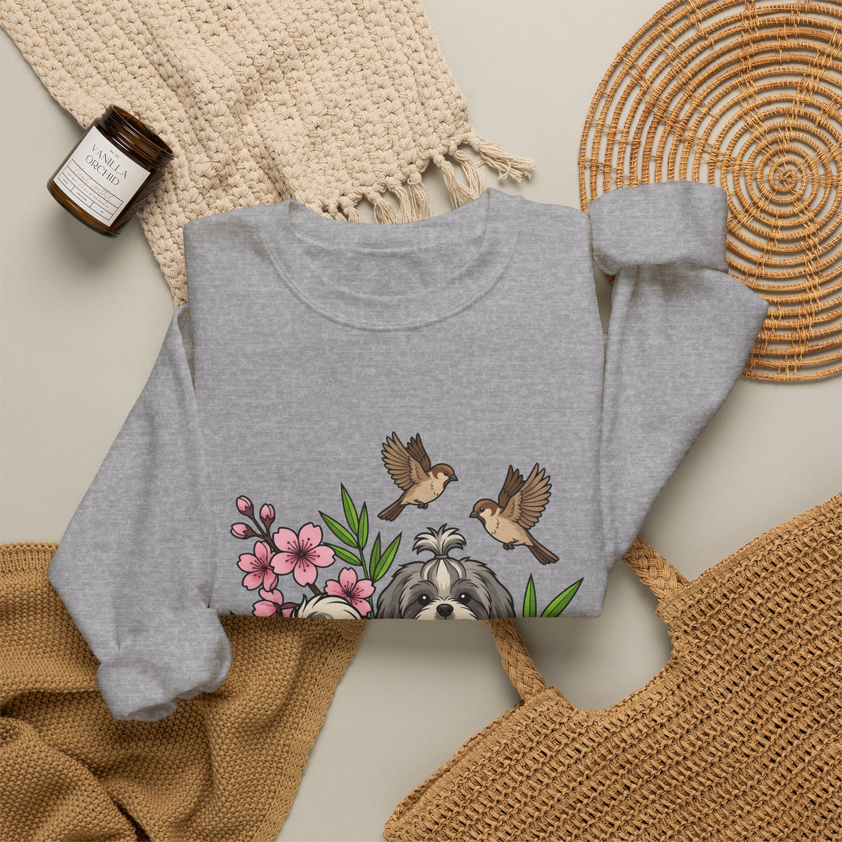 Shih Tzu Puppy Sweatshirt Dog Botanical Gift Women Cute Sweatshirt Puppy Sweatshirt Dog Fan Pup Sweatshirt Floral Graphic Sketch Sakura Flowers Sweatshirt