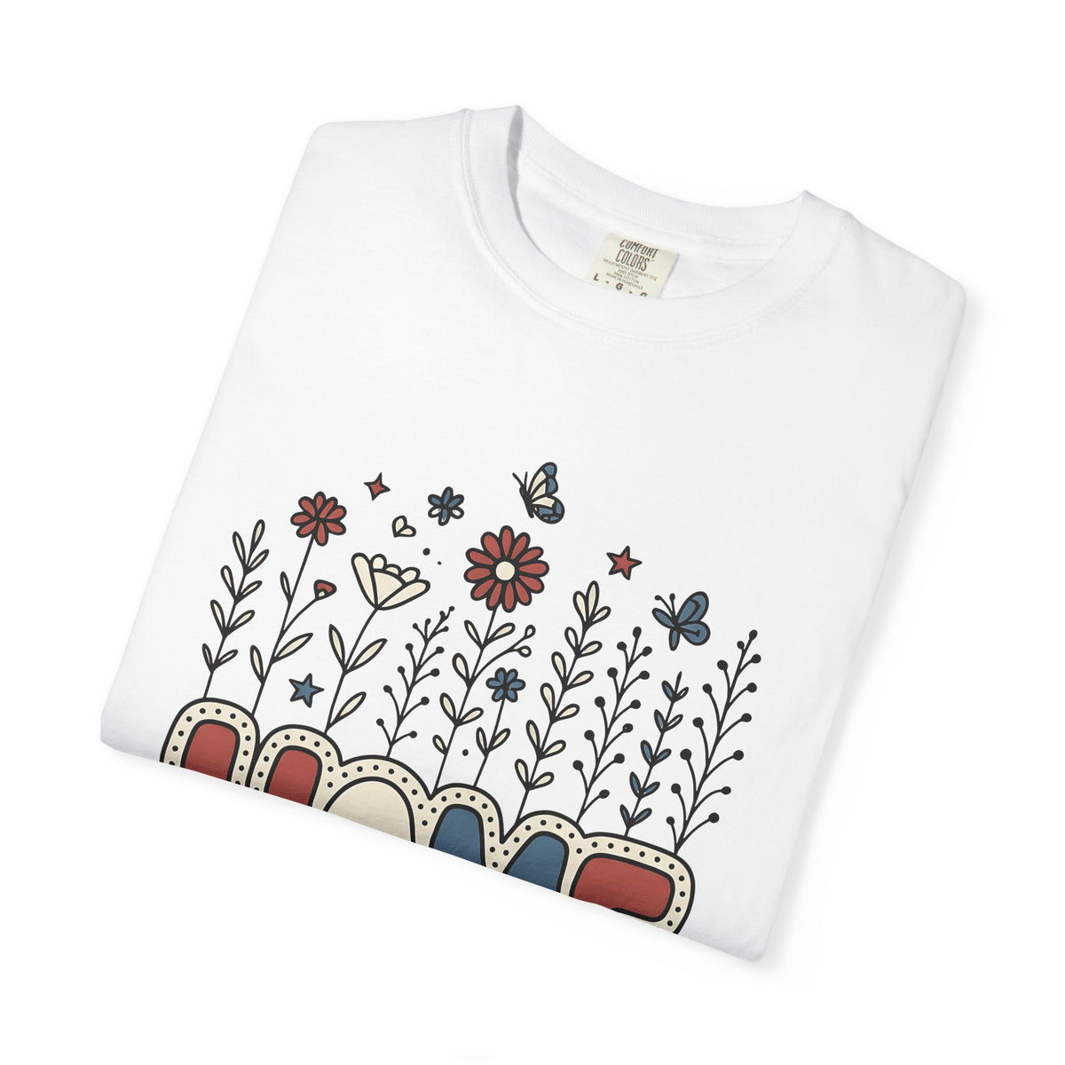 Floral Home Graphic T-Shirt America Patriotic Gift Women Boho T-Shirt Home Decor T-Shirt American Fan Bohemian T-Shirt Star Graphic Retro Butterfly