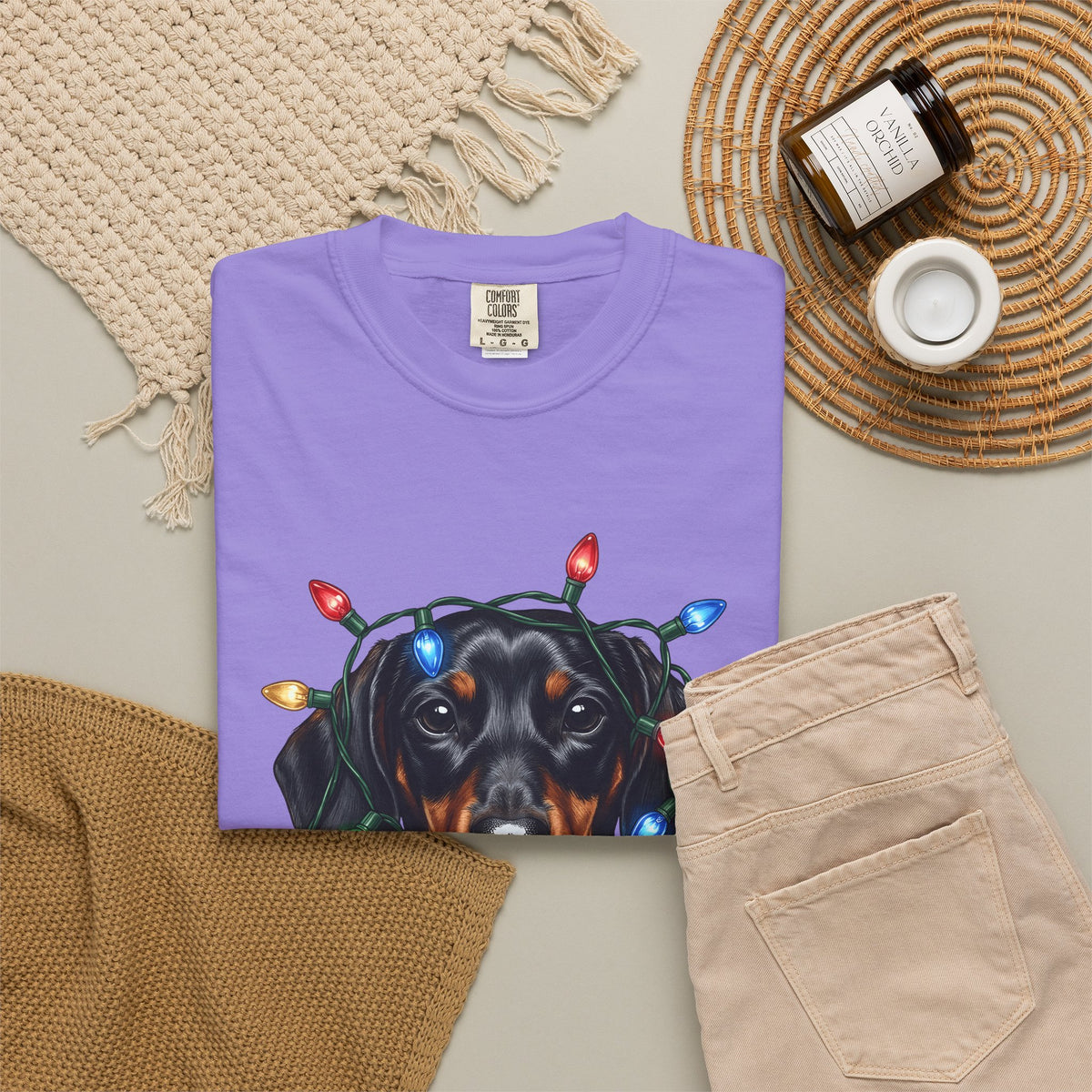Dachshund Dog T-Shirt Dog Holiday Gift Women Realistic T-Shirt Wiener Dog T-Shirt Dog Fan Photorealistic T-Shirt Christmas Graphic Hand Drawn