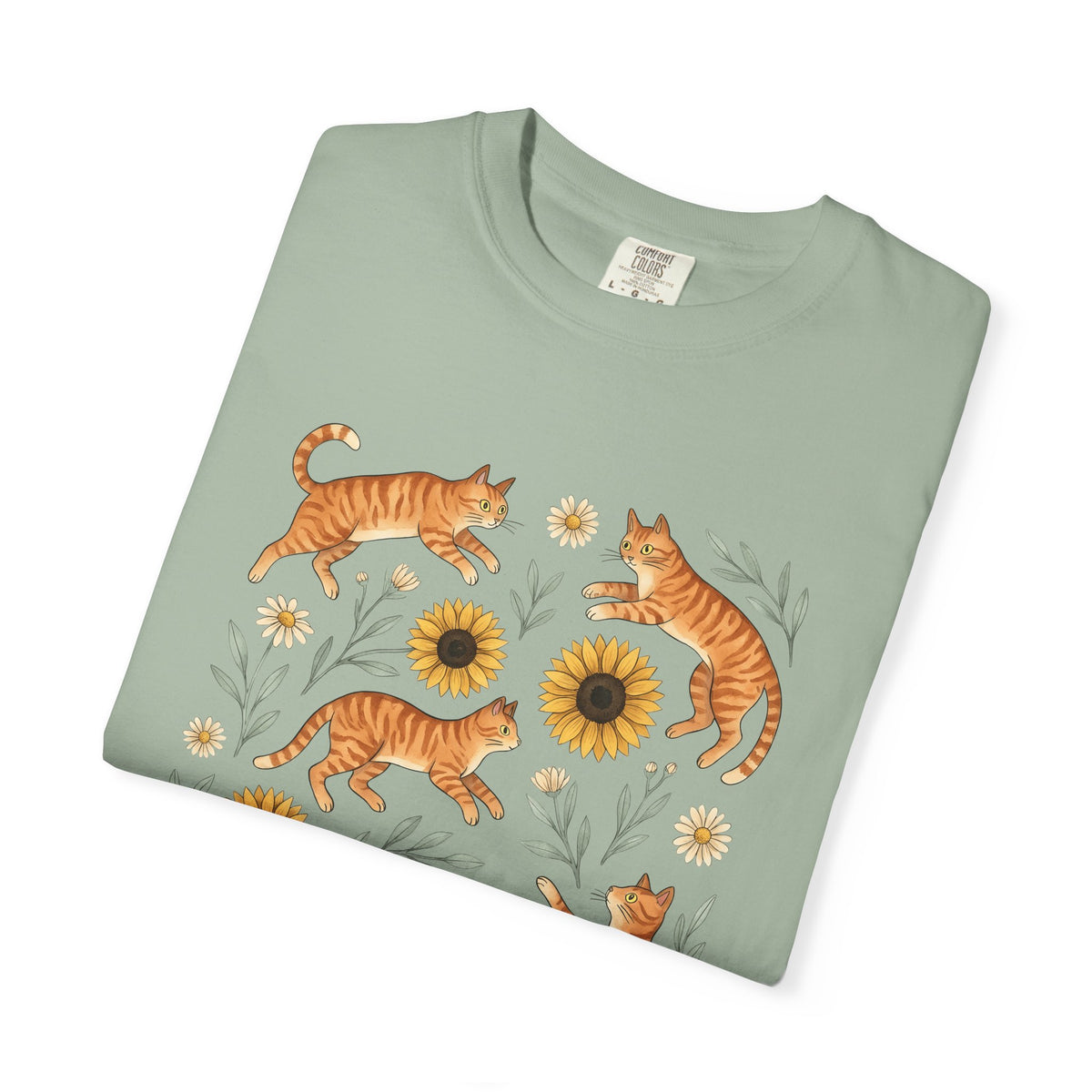 Ginger Cats T-Shirt Cat Flower Gift Women Cartoon T-Shirt Orange Cat T-Shirt Cat Fan Feline Graphic Illustration Comic T-Shirt Sketch Sunflower