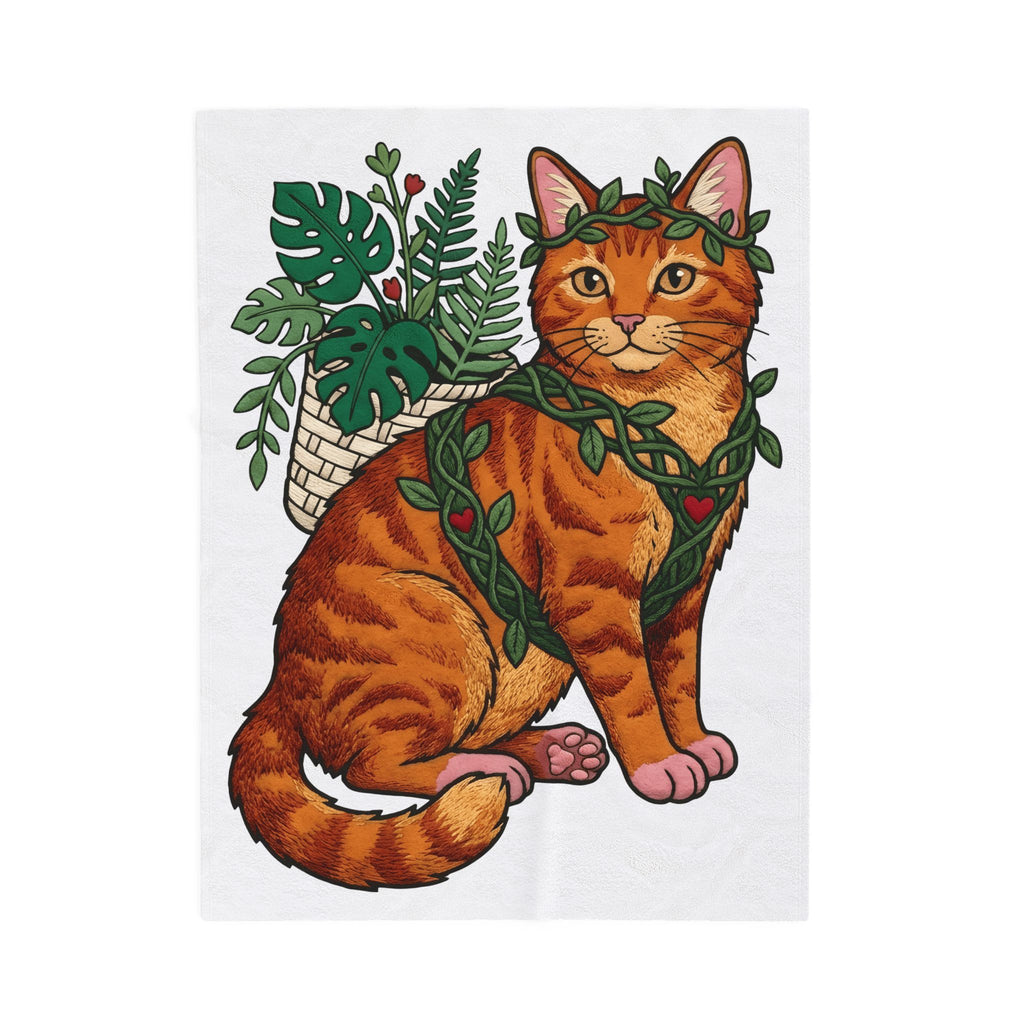 Ginger Cat Blanket Cat Wildlife Gift Women Floral Blanket Orange Cat Blanket Cat Fan Feline Graphic Blanket Sketch Indoor Plants Blanket
